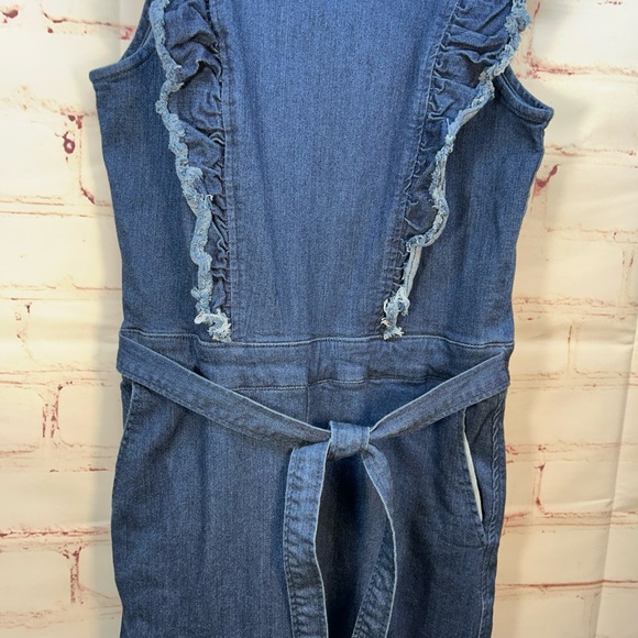 Rachel Roy denim jumpsuit medium size 8 blue stretch ruffle flare - Picture 4 of 10